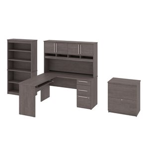 Bestar Innova 60-in L-Desk with Hutch, File Cabinet and Bookcase - Bark Grey