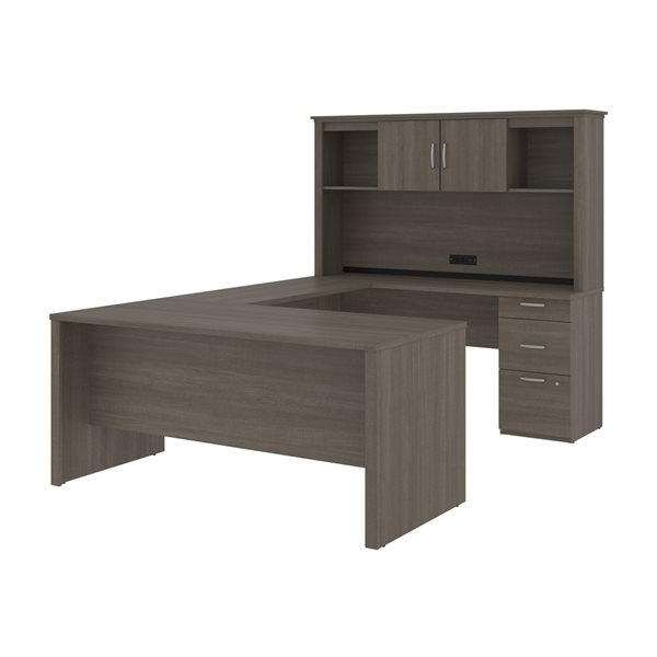 Bestar Logan 66-in U or L-Desk with Pedestal and Hutch - Bark Grey