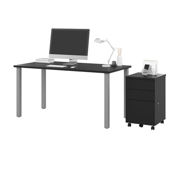 Bestar Universel 60-in Table Desk with Assembled Mobile Pedestal - Black
