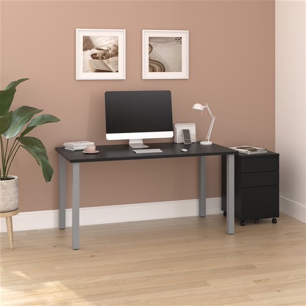 Bestar Universel 60-in Table Desk with Assembled Mobile Pedestal - Black