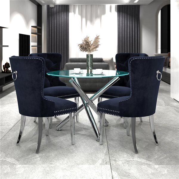 Nspire Contemporary Chrome Black Dining, Round Dining Table With Crushed Velvet Chairs