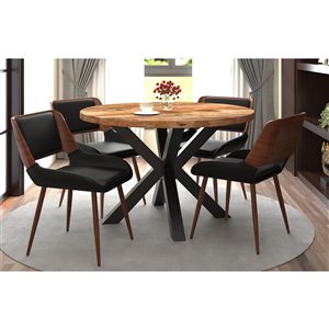 Ensemble de salle à manger en bois naturel et noir !nspire avec table ronde, 5 pièces