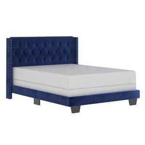 WHI Modern Blue Queen Velvet Upholstered Bed
