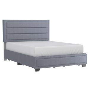 Grand lit !nspire revêtu de tissu gris avec rangement intégré et tête de lit