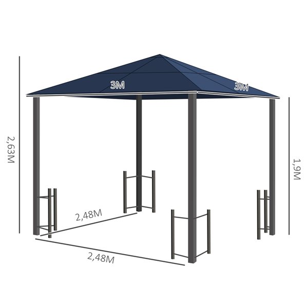 Outsunny Black and Dark Grey Metal 9.8-ft x 9.8-ft Square Permanent Gazebo with Polycarbonate Roof