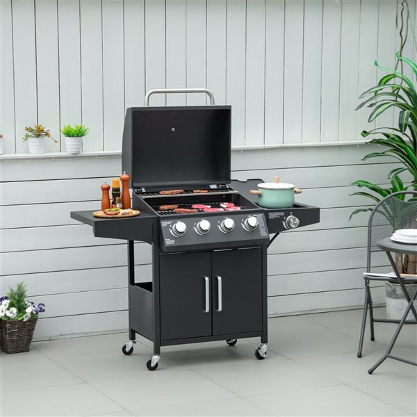 Outsunny Black 4-Burner Gas Grill with 1 Side Burner 10000 BTU