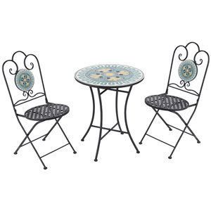 Outsunny Black Steel Frame Bistro Set with Green Mosaic Tabletop - 3-Piece