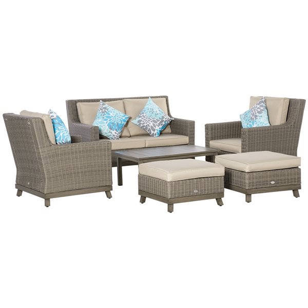 Aosom Outsunny Light Brown Beige Rattan Patio Conversation Set 6 Piece 860 247 RONA