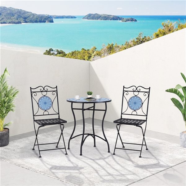 Outsunny Black Steel Frame Bistro Set with Blue Mosaic Tabletop