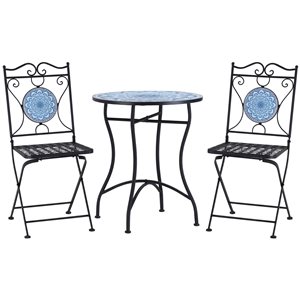Outsunny Black Steel Frame Bistro Set with Blue Mosaic Tabletop - 3-Piece