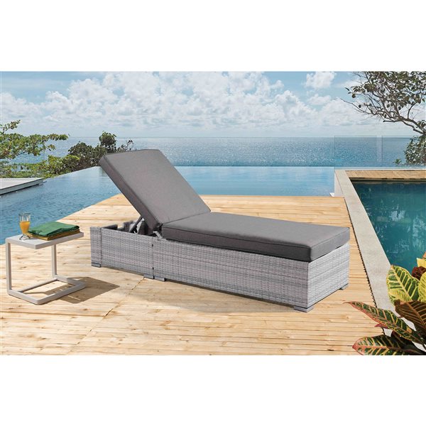 Velago Torino Grey Wicker Stackable Metal Stationary Chaise Lounge Chair with Grey Cushioned Seat