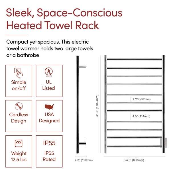 WarmlyYours Malta Polished Stainless Steel Hardwired Towel Warmer with 11 Bars
