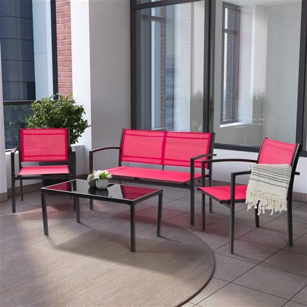 Ensemble de mobilier extérieur Everett par CorLiving en polyester rouge et cadre en métal, 4 pièces