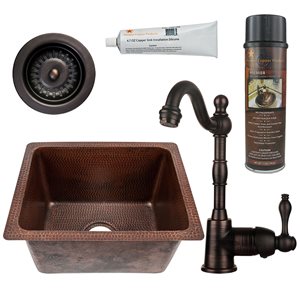Premier Copper Products 17-in x 13-in Oil-Rubbed Bronze Hammered Copper Drop-in or Undermount Bar Sink with Matching Accessories