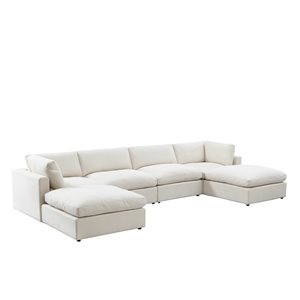 Inspired Home Yaritza Modern Cream White Linen U-Chair Sectional
