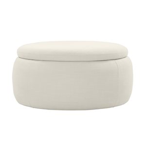 Inspired Home Brayleigh Modern Cream White Linen Round Integrated Storage Ottoman