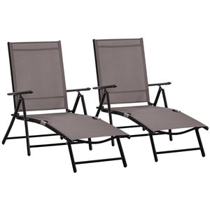 Chaise longue en métal noir par Outsunny avec siège en tissu maillé brun, ens. de 2