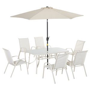 Outsunny Cream White Outdoor Dining Set with Umbrella - 8-Piece