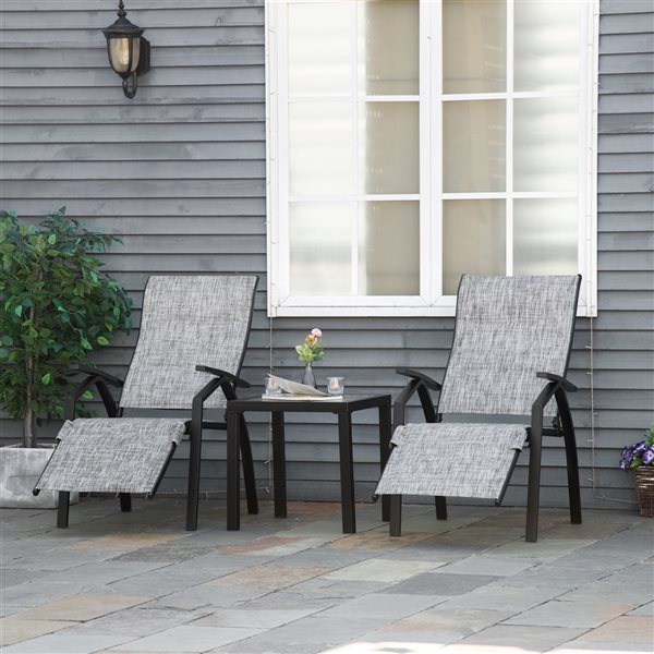 Outsunny Black Metal Chaise Lounge Chair with Grey Mesh Seat 3Piece