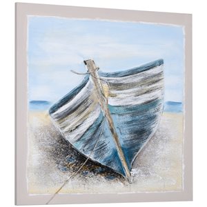 HomCom Wood Framed 35.5-in x 35.5-in Blue Boat on the Beach Hand-Painted Canvas