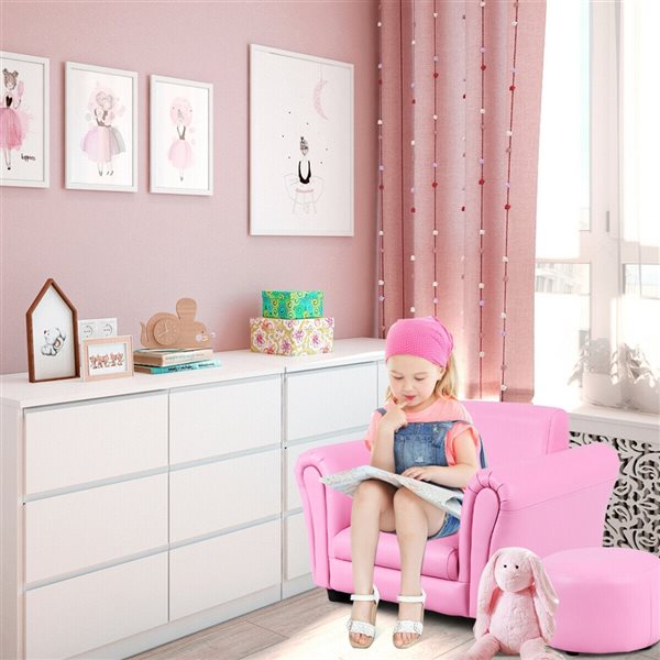 Costway 16-in Pink Upholstered Kids Accent Chair with Round Ottoman
