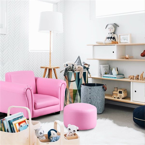 Costway 16-in Pink Upholstered Kids Accent Chair with Round Ottoman