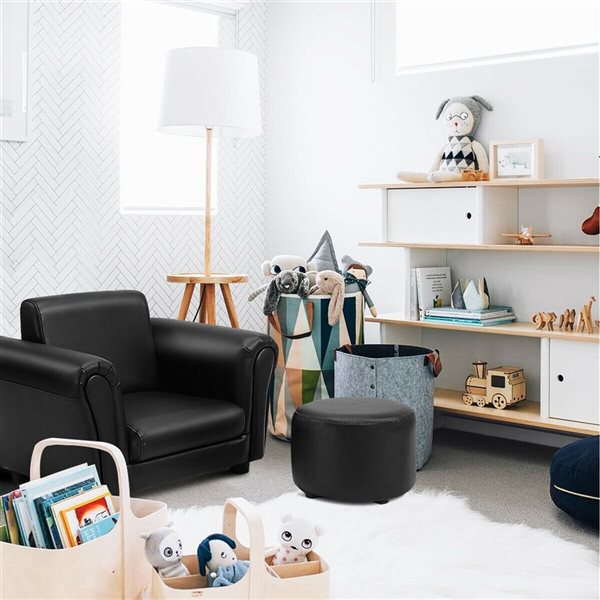 Costway 16-in Black Upholstered Kids Accent Chair with Round Ottoman