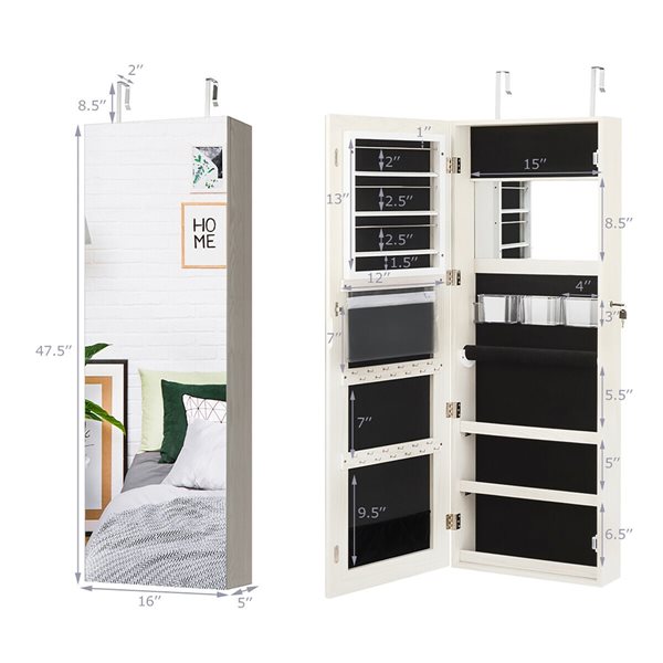 Costway White Composite Wood Lockable Wall-Mount Jewelry Armoire