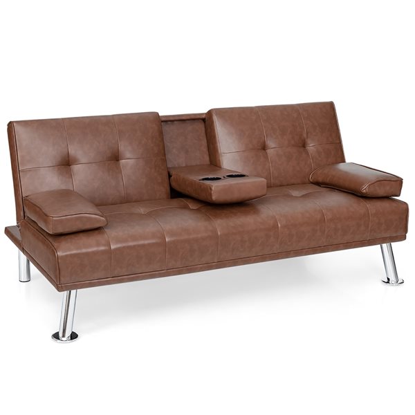 Costway Modern Brown Faux Leather Convertible Sofa Bed