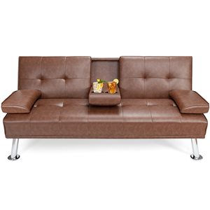 Costway Modern Brown Faux Leather Convertible Sofa Bed