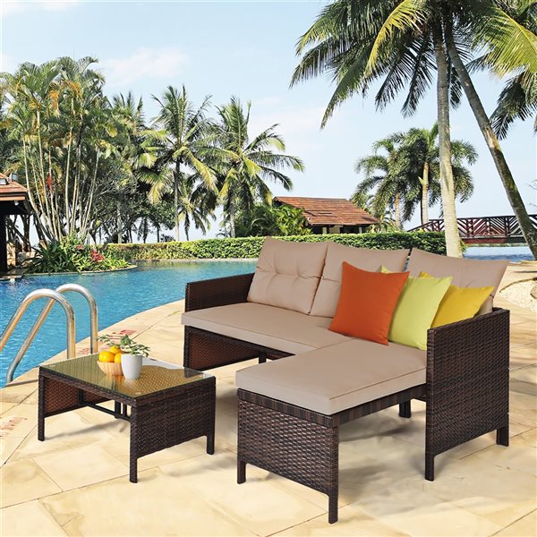 Costway 3-Piece Wicker Composite Frame Outdoor Loveseat with Brown Cushions and Table