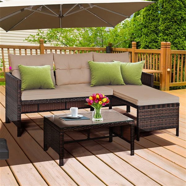Costway 3-Piece Wicker Composite Frame Outdoor Loveseat with Brown Cushions and Table