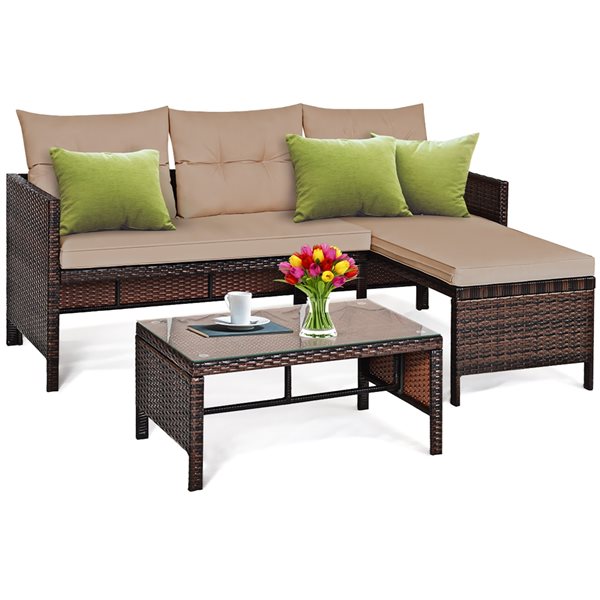 Image of Costway | 3-Piece Wicker Composite Frame Outdoor Loveseat With Brown Cushions And Table | Rona