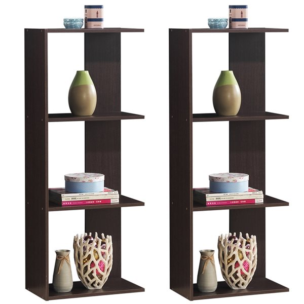 Costway Brown Wood 3-Shelf Corner Bookcase - Set of 2