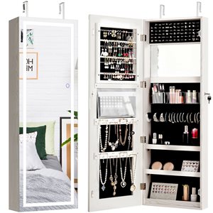 Costway White Composite Wood Wall-Mount Jewelry Armoire with LED Light