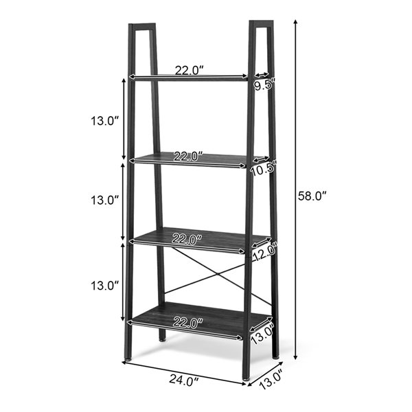 Costway Brown/Silver Composite 4-Shelf Ladder Bookcase