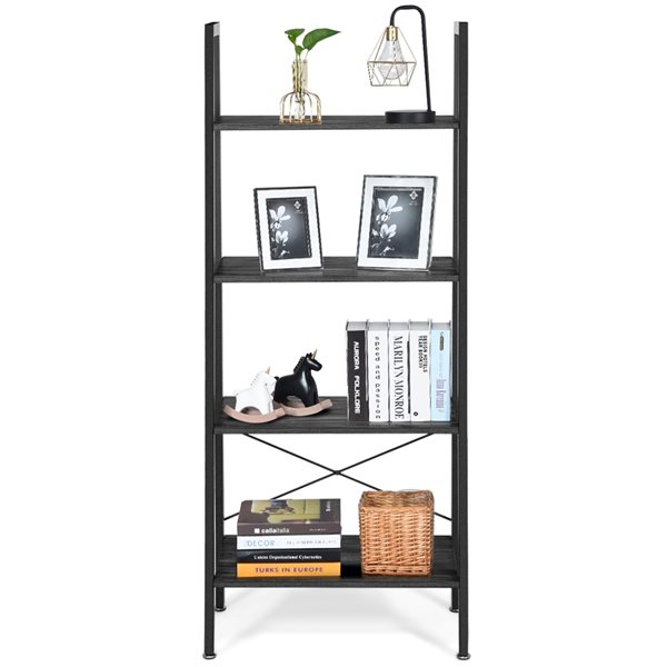 Costway Brown/Silver Composite 4-Shelf Ladder Bookcase