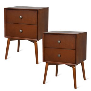 Costway Mid-Century Modern Brown Rubberwood Nightstand - Set of 2