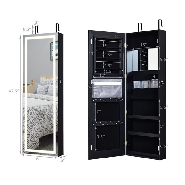 Costway Black Composite Wood Wall-Mount Jewelry Armoire with LED Light
