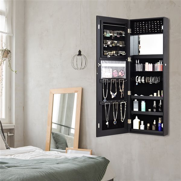 Costway Black Composite Wood Wall-Mount Jewelry Armoire with LED Light