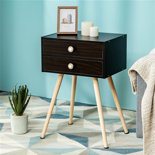 Costway MidCentury Modern Brown Wood Nightstand with 2 Drawers Set