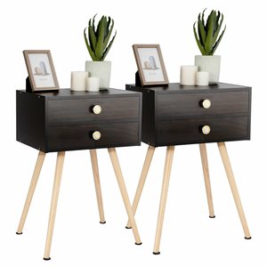 Costway Mid-Century Modern Brown Wood Nightstand with 2 Drawers - Set of 2