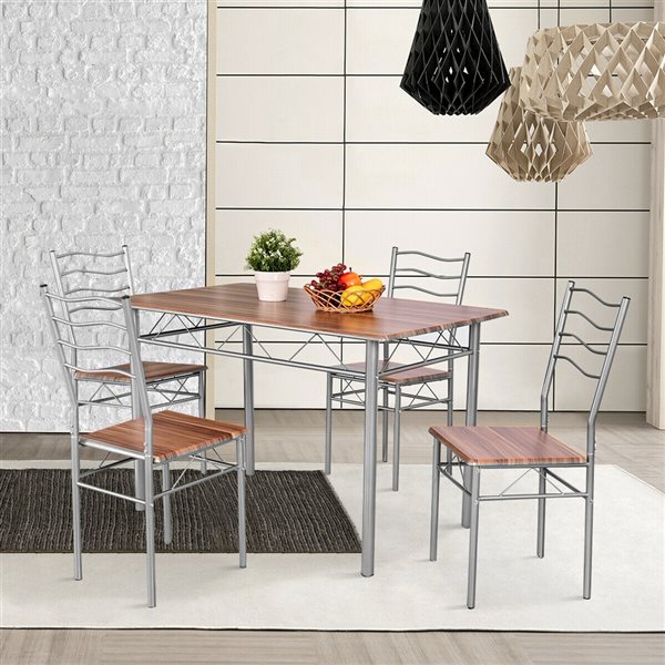 Costway 5-Piece Walnut Metal/Wood Dining Set with Table and 4 Chairs