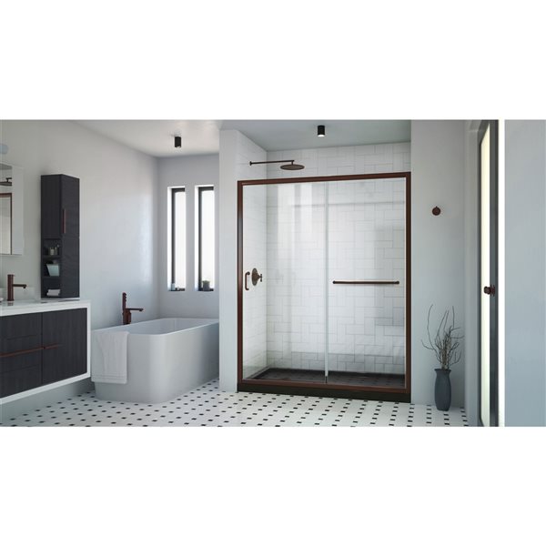 Infinity-Z Shower Kit 30 x 60 x 74 3/4 Clear 6mm Sliding Shower Door in Oil Rubbed Bronze, Left Drain Black Base