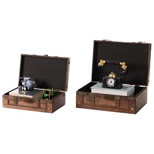 Vintiquewise Brown Wooden Storage Trunk with Faux Leather Belt - Set of 2