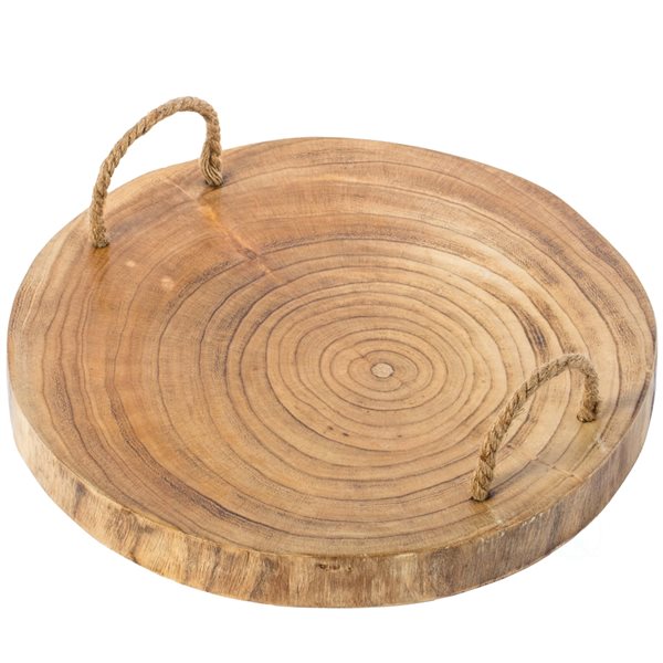 Vintiquewise 15.75-in x 15.75-in Brown Round Wooden Serving Tray with Rope Handles