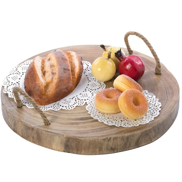 Vintiquewise 15.75-in x 15.75-in Brown Round Wooden Serving Tray with Rope Handles