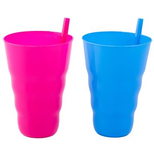 Basicwise 20-fl oz. Plastic Reusable Cup with Straw - Set of 2