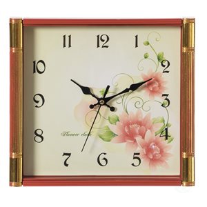 Horloge murale analogique carrée par Quickway Imports avec motif de fleurs, brun