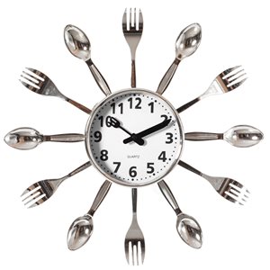 Quickway Imports Silver Analog Round 3D Cutlery Wall Standard Clock